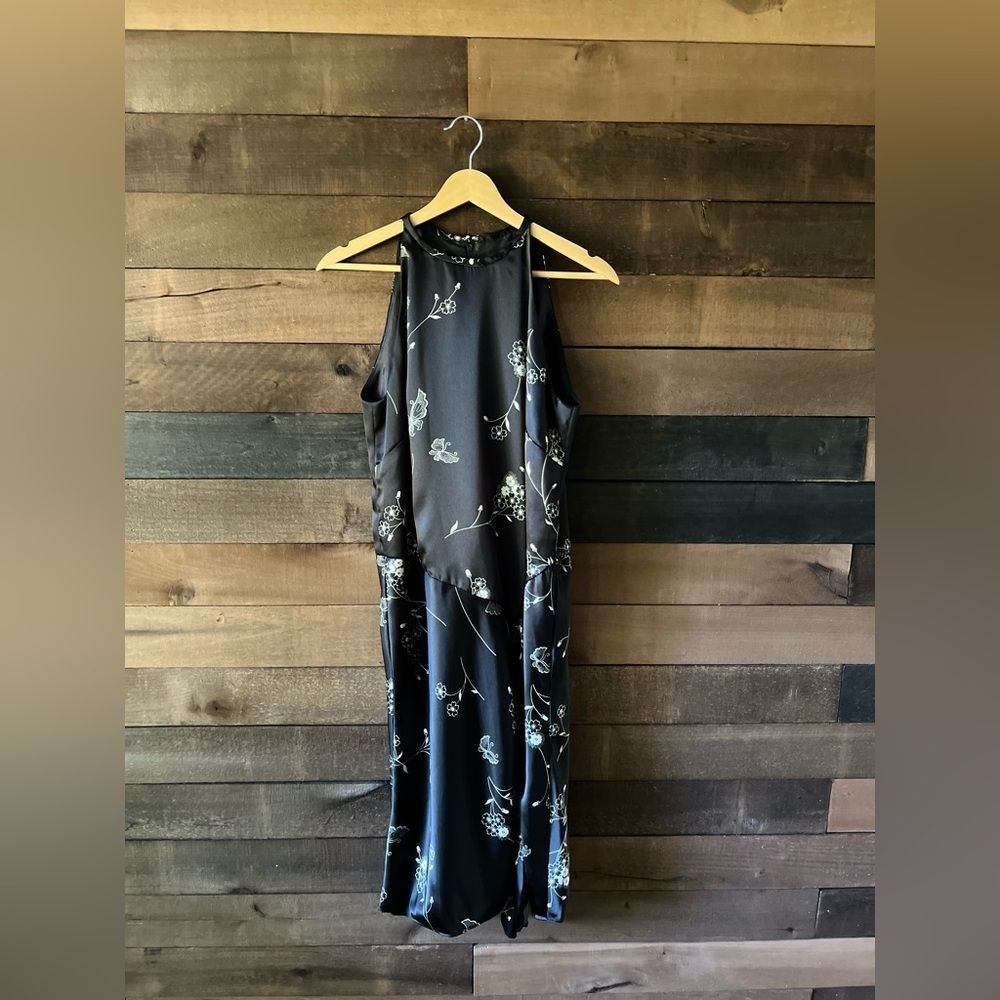 Vintage 90s Black Floral Butterfly High Neck Midi Dress - Picture 5 of 12